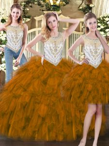 Scoop Sleeveless Zipper 15 Quinceanera Dress Brown Organza