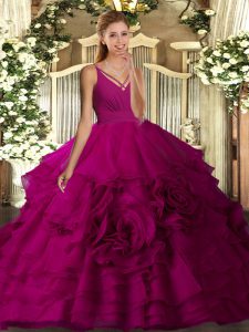 Traditional Fuchsia Ball Gowns V-neck Sleeveless Organza Floor Length Backless Ruffled Layers Quince Ball Gowns