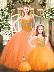 Gorgeous Floor Length Lace Up Quinceanera Dresses Orange Red for Military Ball and Sweet 16 and Quinceanera with Beading
