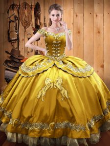 Sleeveless Satin and Organza Floor Length Lace Up 15 Quinceanera Dress in Gold with Beading and Embroidery