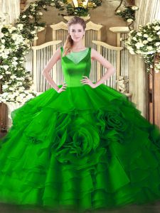 Sleeveless Floor Length Beading and Ruffled Layers Zipper 15 Quinceanera Dress with Green
