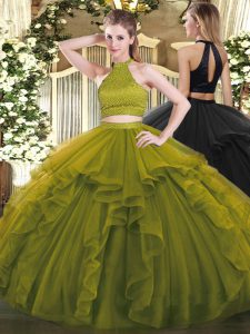 Olive Green Halter Top Backless Beading and Ruffles Quinceanera Dresses Sleeveless
