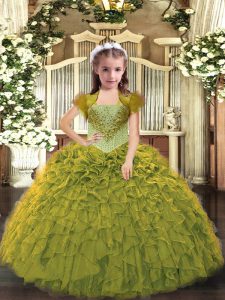 Olive Green Organza Lace Up Straps Sleeveless Floor Length Pageant Dress for Womens Beading and Ruffles