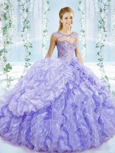 Amazing Lace Up Quinceanera Gowns Lavender for Sweet 16 and Quinceanera with Beading and Ruffles and Pick Ups Brush Train