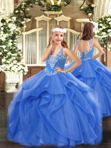 New Style Floor Length Blue Pageant Gowns For Girls V-neck Sleeveless Lace Up