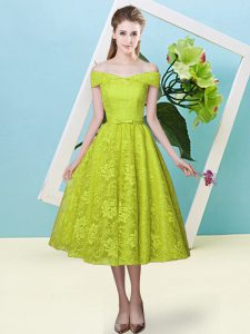 Tea Length Empire Cap Sleeves Olive Green Dama Dress Lace Up