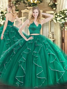 Exceptional Two Pieces Vestidos de Quinceanera Dark Green Halter Top Organza Sleeveless Floor Length Zipper