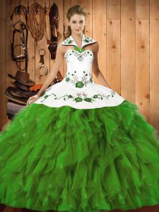 Colorful Sleeveless Lace Up Floor Length Embroidery and Ruffles Ball Gown Prom Dress