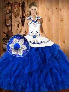 Blue And White 15 Quinceanera Dress Military Ball and Sweet 16 and Quinceanera with Embroidery and Ruffles Halter Top Sleeveless Lace Up