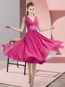 Hot Pink Sleeveless Beading Knee Length Quinceanera Court Dresses