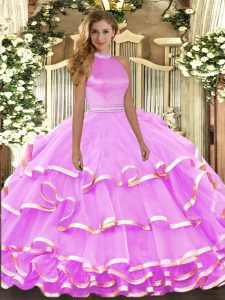 Halter Top Sleeveless 15th Birthday Dress Floor Length Beading and Ruffled Layers Lilac Organza