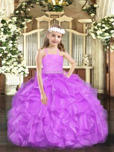 Lavender Ball Gowns Organza Straps Sleeveless Beading and Lace and Ruffles Floor Length Zipper Pageant Dress Wholesale