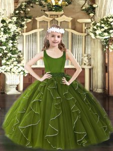 Sleeveless Organza Floor Length Zipper Little Girl Pageant Gowns in Olive Green with Beading and Ruffles