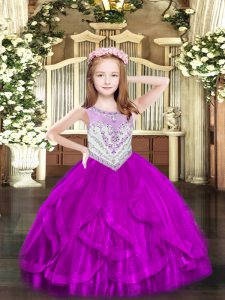 Floor Length Fuchsia Pageant Gowns Tulle Sleeveless Beading and Ruffles