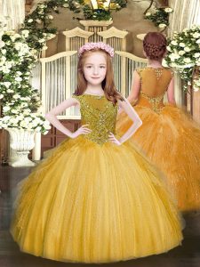Gold Ball Gowns Tulle Scoop Sleeveless Beading and Ruffles Floor Length Zipper Pageant Gowns For Girls