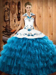 Teal Organza Lace Up Halter Top Sleeveless Floor Length 15th Birthday Dress Embroidery and Ruffled Layers
