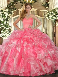 Great Watermelon Red Ball Gowns Beading and Ruffles Sweet 16 Quinceanera Dress Lace Up Organza Sleeveless Floor Length