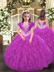 Fuchsia Lace Up Little Girls Pageant Dress Wholesale Beading and Ruffles Sleeveless Floor Length