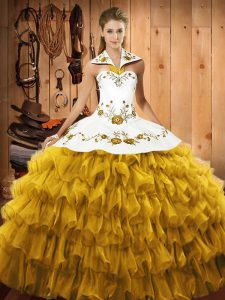 Top Selling Gold Halter Top Lace Up Embroidery and Ruffled Layers Ball Gown Prom Dress Sleeveless