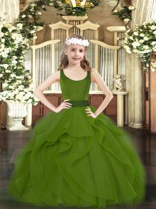 Olive Green Zipper Little Girl Pageant Dress Beading and Ruffles Sleeveless Floor Length