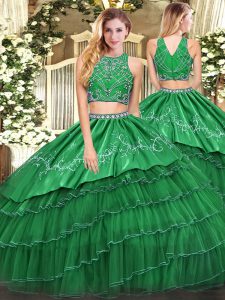 Floor Length Zipper Quinceanera Dress Green for Military Ball and Sweet 16 and Quinceanera with Beading and Embroidery and Ruffled Layers