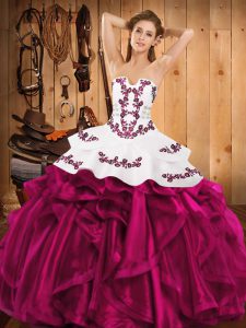 Exceptional Fuchsia Quince Ball Gowns Military Ball and Sweet 16 and Quinceanera with Embroidery and Ruffles Strapless Sleeveless Lace Up
