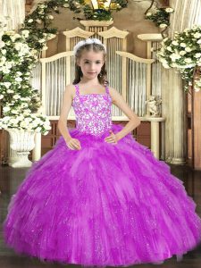 Straps Sleeveless Pageant Dress for Girls Floor Length Beading and Ruffles Lilac Organza