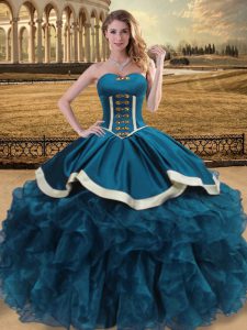 Sweetheart Sleeveless Quinceanera Dress Floor Length Beading and Ruffles Teal Organza