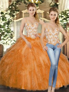 Most Popular Straps Sleeveless Quinceanera Gown Floor Length Beading and Ruffles Orange Red Organza