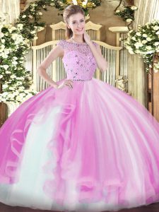 Lilac Ball Gowns Tulle Bateau Sleeveless Beading and Ruffles Floor Length Zipper Ball Gown Prom Dress