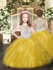 Gold Sleeveless Floor Length Beading and Ruffles Zipper Pageant Gowns For Girls