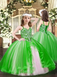 Dazzling Straps Sleeveless Custom Made Pageant Dress Floor Length Beading Green Tulle