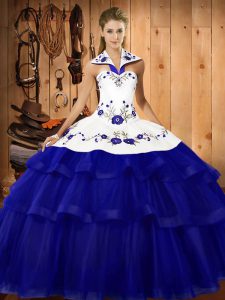 Popular Royal Blue Lace Up Halter Top Embroidery and Ruffled Layers Ball Gown Prom Dress Organza Sleeveless Sweep Train