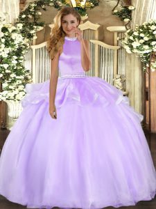 Traditional Lavender Tulle Backless 15 Quinceanera Dress Sleeveless Floor Length Beading and Ruffles