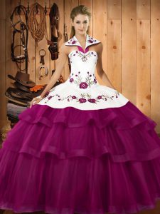 New Arrival Fuchsia Lace Up Halter Top Embroidery and Ruffled Layers Sweet 16 Dress Organza Sleeveless Sweep Train