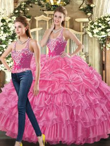 Hot Pink Sleeveless Beading and Ruffles and Pick Ups Floor Length Quinceanera Dress