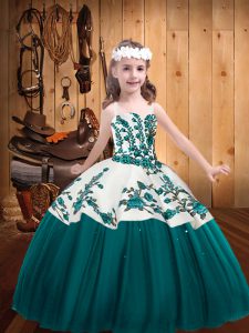 Ball Gowns Girls Pageant Dresses Teal Straps Tulle Sleeveless Floor Length Lace Up