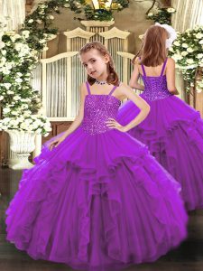 Hot Selling Purple Ball Gowns Beading and Ruffles Glitz Pageant Dress Lace Up Organza Sleeveless Floor Length
