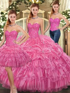 Fine Rose Pink Organza Lace Up Sweetheart Sleeveless Floor Length Quinceanera Dresses Beading and Ruffles