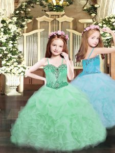 Floor Length Lace Up Pageant Dresses Apple Green for Party and Quinceanera with Beading and Ruffles and Pick Ups