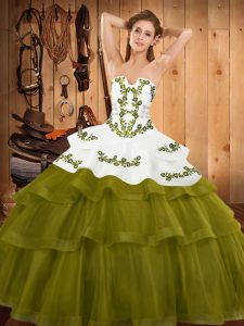 Olive Green Ball Gowns Tulle Strapless Sleeveless Embroidery and Ruffled Layers Lace Up Quinceanera Dresses Sweep Train