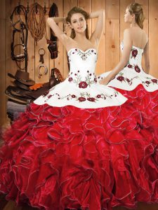 Sexy Floor Length White And Red Quince Ball Gowns Satin and Organza Sleeveless Embroidery and Ruffles