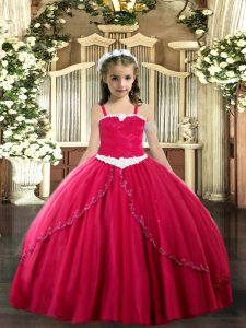 Coral Red Sleeveless Tulle Sweep Train Lace Up Glitz Pageant Dress for Party and Quinceanera