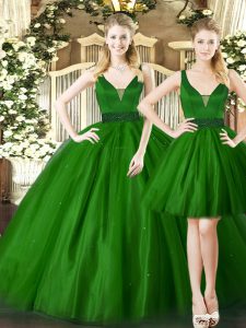 Chic Dark Green Lace Up Quince Ball Gowns Ruching Sleeveless Floor Length
