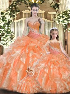 Great Orange Red Ball Gowns Sweetheart Sleeveless Tulle Floor Length Lace Up Beading and Ruffles Sweet 16 Dresses