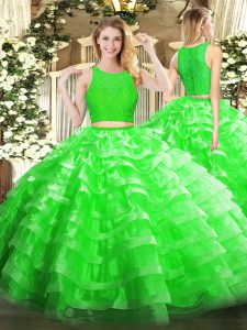 Organza Scoop Sleeveless Zipper Lace and Ruffled Layers Ball Gown Prom Dress in Green