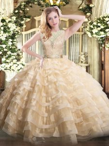 Pretty Champagne 15 Quinceanera Dress Military Ball and Sweet 16 and Quinceanera with Lace and Ruffled Layers Scoop Sleeveless Backless