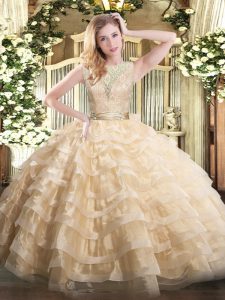 Pretty Champagne 15 Quinceanera Dress Military Ball and Sweet 16 and Quinceanera with Lace and Ruffled Layers Scoop Sleeveless Backless