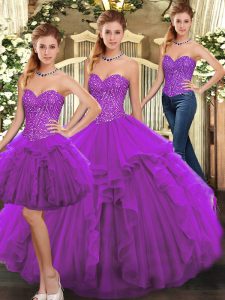 Fantastic Sleeveless Organza Floor Length Lace Up Quinceanera Dresses in Purple with Ruffles