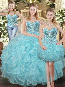 Custom Designed Aqua Blue Three Pieces Beading and Ruffles Quince Ball Gowns Lace Up Organza Sleeveless Floor Length